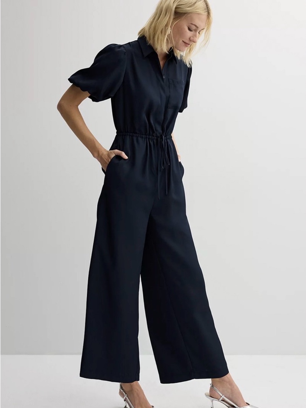 Nine West deep Navy Short-Sleeve Wide-Leg Drawstring Jumpsuit